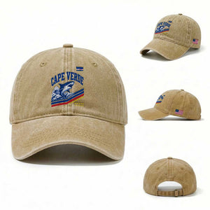 Cape Verde Blue Sharks Ocean Wave Graphic Washed Cotton Baseball Cap Cabo Verde Pride Sports Fans TS02 Washed Cap Universal Fit Khaki Print Your Wear