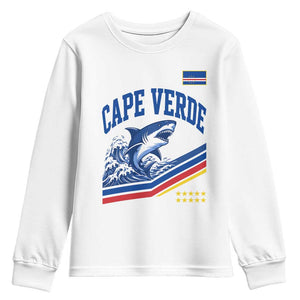 Cape Verde Blue Sharks Ocean Wave Graphic Youth Sweatshirt Cabo Verde Pride Sports Fans TS02 White Print Your Wear