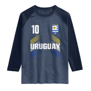 Uruguay Soccer Sports Graphic Number 10 Jersey Style Raglan Shirt Proud Uruguayan Football Fans Game Day Pride TS02 Heather Denim Navy Print Your Wear