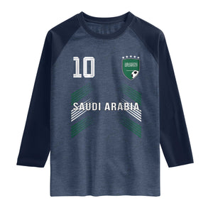 Saudi Arabia Soccer Sports Graphic Number 10 Jersey Style Raglan Shirt Proud Saudi Football Fans Game Day Pride TS02 Heather Denim Navy Print Your Wear