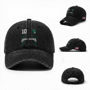 Saudi Arabia Soccer Sports Graphic Number 10 Jersey Style Washed Cotton Baseball Cap Proud Saudi Football Fans Game Day Pride TS02 Washed Cap Universal Fit Black Print Your Wear