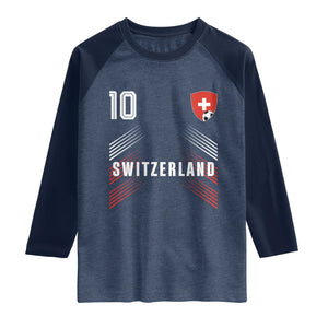 Switzerland Soccer Sports Graphic Number 10 Jersey Style Raglan Shirt Proud Swiss Football Fans Game Day Pride TS02 Heather Denim Navy Print Your Wear