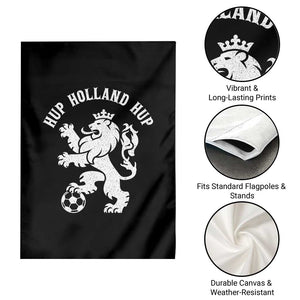 Hup Holland Hup Netherlands Crowned Lion Rampant Playing Football Graphic Garden Flag Nederlands Coat of Arms Inspo Dutch Soccer Fans