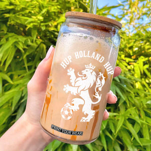Hup Holland Hup Netherlands Crowned Lion Rampant Playing Football Graphic Glass Can Nederlands Coat of Arms Inspo Dutch Soccer Fans