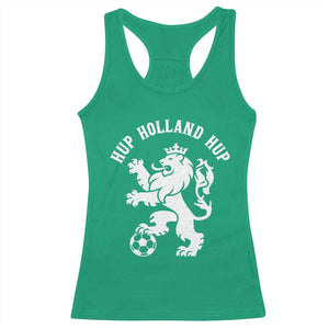 Hup Holland Hup Netherlands Crowned Lion Rampant Playing Football Graphic Racerback Tank Top Nederlands Coat of Arms Inspo Dutch Soccer Fans