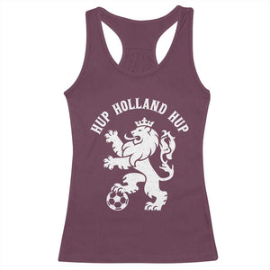 Hup Holland Hup Netherlands Crowned Lion Rampant Playing Football Graphic Racerback Tank Top Nederlands Coat of Arms Inspo Dutch Soccer Fans