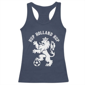 Hup Holland Hup Netherlands Crowned Lion Rampant Playing Football Graphic Racerback Tank Top Nederlands Coat of Arms Inspo Dutch Soccer Fans