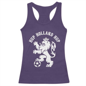 Hup Holland Hup Netherlands Crowned Lion Rampant Playing Football Graphic Racerback Tank Top Nederlands Coat of Arms Inspo Dutch Soccer Fans