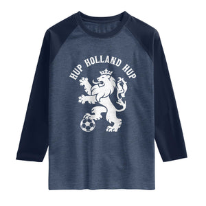 Hup Holland Hup Netherlands Crowned Lion Rampant Playing Football Graphic Raglan Shirt Nederlands Coat of Arms Inspo Dutch Soccer Fans