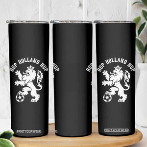 Hup Holland Hup Netherlands Crowned Lion Rampant Playing Football Graphic Skinny Tumbler Nederlands Coat of Arms Inspo Dutch Soccer Fans