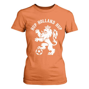 Hup Holland Hup Netherlands Crowned Lion Rampant Playing Football Graphic T Shirt For Women Nederlands Coat of Arms Inspo Dutch Soccer Fans
