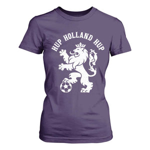 Hup Holland Hup Netherlands Crowned Lion Rampant Playing Football Graphic T Shirt For Women Nederlands Coat of Arms Inspo Dutch Soccer Fans