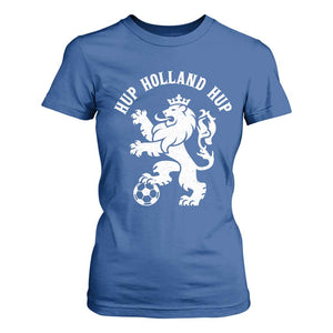 Hup Holland Hup Netherlands Crowned Lion Rampant Playing Football Graphic T Shirt For Women Nederlands Coat of Arms Inspo Dutch Soccer Fans