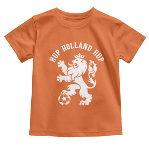 Hup Holland Hup Netherlands Crowned Lion Rampant Playing Football Graphic Toddler T Shirt Nederlands Coat of Arms Inspo Dutch Soccer Fans