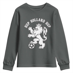 Hup Holland Hup Netherlands Crowned Lion Rampant Playing Football Graphic Youth Sweatshirt Nederlands Coat of Arms Inspo Dutch Soccer Fans