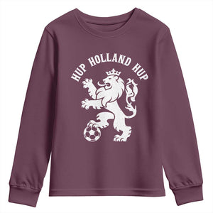 Hup Holland Hup Netherlands Crowned Lion Rampant Playing Football Graphic Youth Sweatshirt Nederlands Coat of Arms Inspo Dutch Soccer Fans