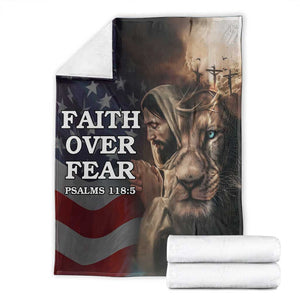 Faith Over Fear Psalm 118:5 Christian Patriotic Throw Blanket Jesus Lion Cross American Flag TS02 Multicolor Print Your Wear