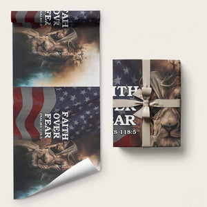 Faith Over Fear Psalm 118:5 Christian Patriotic Wrapping Paper Roll Jesus Lion Cross American Flag TS02 Matte Multicolor Print Your Wear