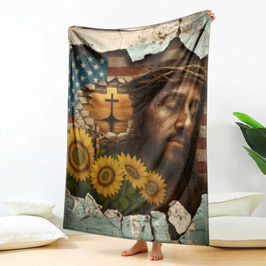 Christian American Cross Jesus Crown of Thorns Throw Blanket Patriotic Sunset with Sunflowers TS02 Print Your Wear