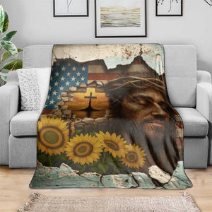Christian American Cross Jesus Crown of Thorns Throw Blanket Patriotic Sunset with Sunflowers TS02 Print Your Wear