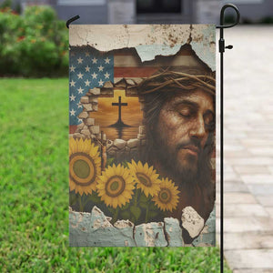 Christian American Cross Jesus Crown of Thorns Garden Flag Patriotic Sunset with Sunflowers TS02 Print Your Wear