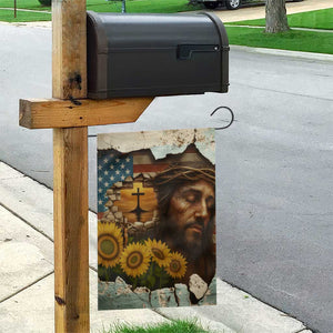 Christian American Cross Jesus Crown of Thorns Garden Flag Patriotic Sunset with Sunflowers TS02 Print Your Wear