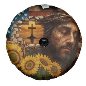 Christian American Cross Jesus Crown of Thorns Spare Tire Cover Patriotic Sunset with Sunflowers TS02 Print Your Wear
