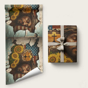 Christian American Cross Jesus Crown of Thorns Wrapping Paper Roll Patriotic Sunset with Sunflowers TS02 Matte Multicolor Print Your Wear