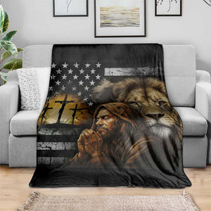 Lion of Judah Faith Patriotic Christian Throw Blanket Jesus Praying with Cross American Flag TS02 Print Your Wear