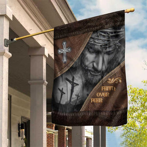 Faith Over Fear Rustic Christian Garden Flag Jesus Cross Black and Brown Leather Style Effect TS02 Print Your Wear
