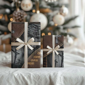 Faith Over Fear Rustic Christian Wrapping Paper Roll Jesus Cross Black and Brown Leather Style Effect TS02 Print Your Wear