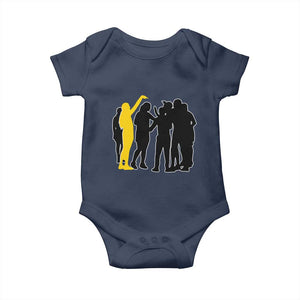 Viral Basketball Pointing Huddle Baby Onesie Funny Women Sports Culture Meme Yellow Silhouette Graphic TS02 Navy Print Your Wear