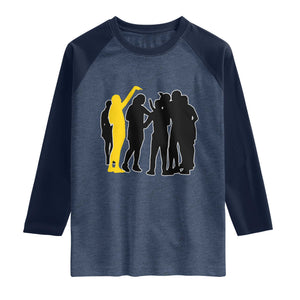 Viral Basketball Pointing Huddle Raglan Shirt Funny Women Sports Culture Meme Yellow Silhouette Graphic TS02 Heather Denim Navy Print Your Wear