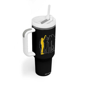Viral Basketball Pointing Huddle Tumbler With Handle Funny Women Sports Culture Meme Yellow Silhouette Graphic TS02 Print Your Wear