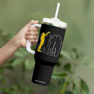 Viral Basketball Pointing Huddle Tumbler With Handle Funny Women Sports Culture Meme Yellow Silhouette Graphic TS02 Print Your Wear