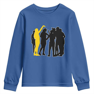 Viral Basketball Pointing Huddle Youth Sweatshirt Funny Women Sports Culture Meme Yellow Silhouette Graphic TS02 Royal Blue Print Your Wear