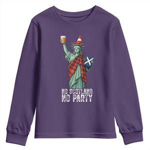 No Scotland No Party Funny Statue of Liberty Celebration Youth Sweatshirt Saltire Flag Glasgow Cone Scottish Football Fans TS02 Purple Print Your Wear