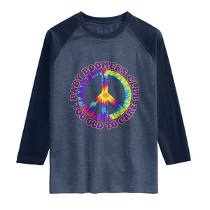 Baby Boomers Club Too Old To Care Retro Tie Dye Effect Printing Raglan Shirt Peace Sign Groovy 60s Hippie Humor Graphic TS02 Heather Denim Navy Print Your Wear