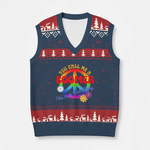 Retro Groovy Hippie Baby Boomer Generation V-Neck Knit Sweater Vest Funny You Call Me A Boomer Like It's A Bad Thing Peace Sign Flower