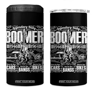Legendary Baby Boomer Generation 1946 to 1964 4 in 1 Can Cooler Tumbler Vintage Rocker Classic Cars And Bikes Graphic