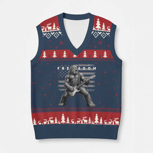 Freedom Bigfoot Playing Electric Guitar V-Neck Knit Sweater Vest Sasquatch Rock Star American Flag Patriotic Graphic TS02 Navy Red Print Your Wear