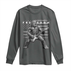 Freedom Bigfoot Playing Electric Guitar Long Sleeve Shirt Sasquatch Rock Star American Flag Patriotic Graphic TS02 Dark Heather Print Your Wear