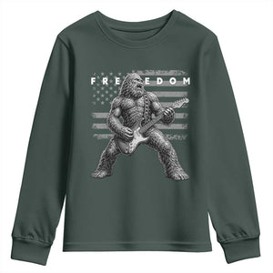 Freedom Bigfoot Playing Electric Guitar Youth Sweatshirt Sasquatch Rock Star American Flag Patriotic Graphic TS02 Dark Forest Green Print Your Wear