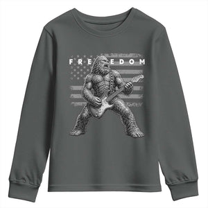 Freedom Bigfoot Playing Electric Guitar Youth Sweatshirt Sasquatch Rock Star American Flag Patriotic Graphic TS02 Dark Heather Print Your Wear