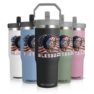Blessed Black Queen Afro American Flag Flip Straw Tumbler Patriotic Juneteenth 4th of July