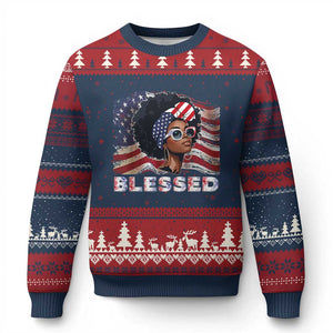 Blessed Black Queen Afro American Flag Ugly Christmas Sweater Patriotic Juneteenth 4th of July