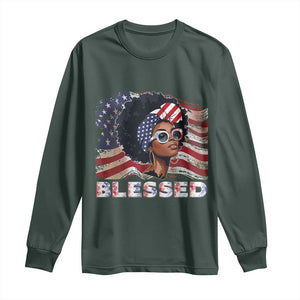 Blessed Black Queen Afro American Flag Long Sleeve Shirt Patriotic Juneteenth 4th of July