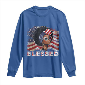 Blessed Black Queen Afro American Flag Long Sleeve Shirt Patriotic Juneteenth 4th of July
