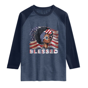 Blessed Black Queen Afro American Flag Raglan Shirt Patriotic Juneteenth 4th of July