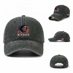 Blessed Black Queen Afro American Flag Washed Cotton Baseball Cap Patriotic Juneteenth 4th of July